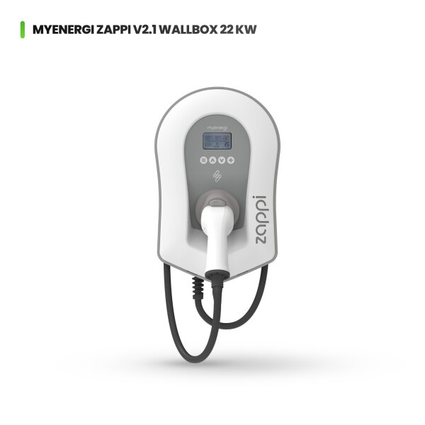myenergi zappi V2.1 Wallbox 22 kW inkl. 6,5m Typ-2 Kabel, PV-Überschussladen – Weiß