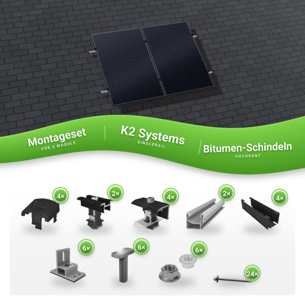 K2 SingleRail PV Montagesystem für 2 Module (Bitumen-Schindeln, hochkant)